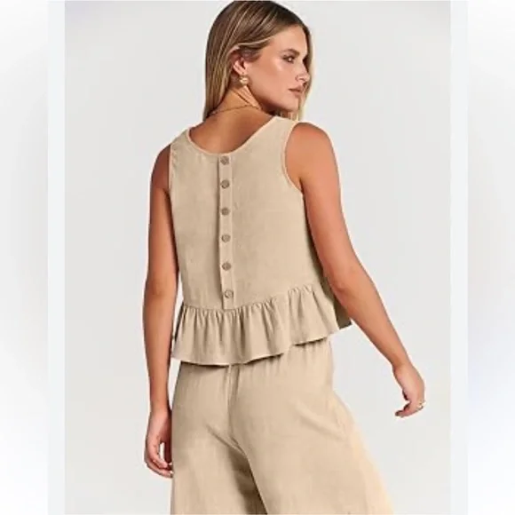 Tan 2 piece Linen Vacation Set NWOT SIZE M - Picture 4 of 8